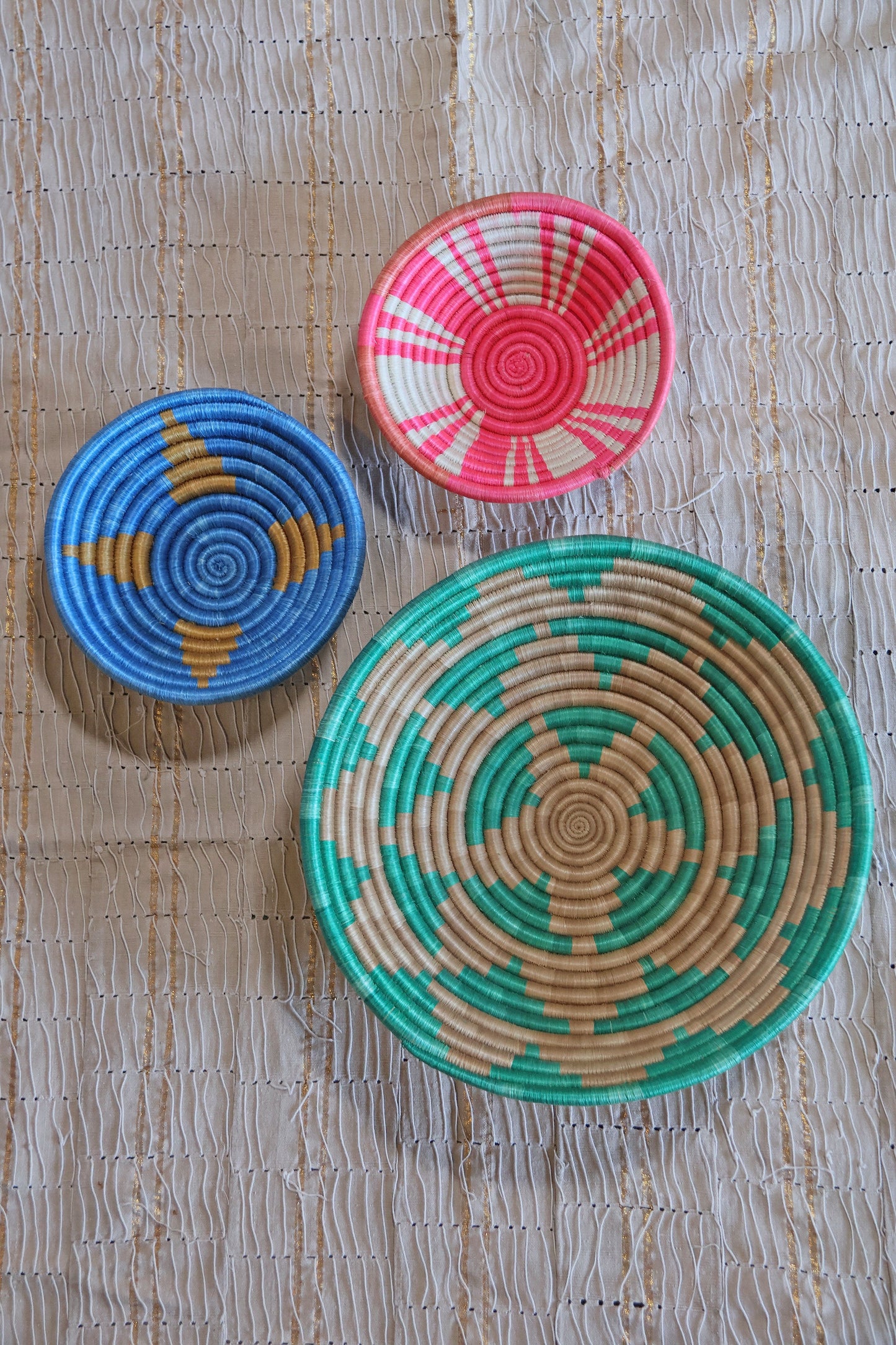 Lizzie African Basket Collection, Teal, Pink, Blue, from Rwanda, Set of 3