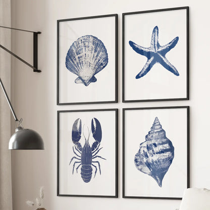 Set of 4 Art Prints. Starfish, Lobster, Seashell