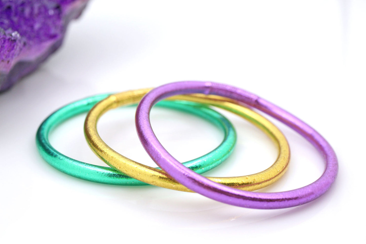 Mardi Gras Thai Buddhist Temple Mantra Bracelets, Thick, Purple, Green Gold Bangles