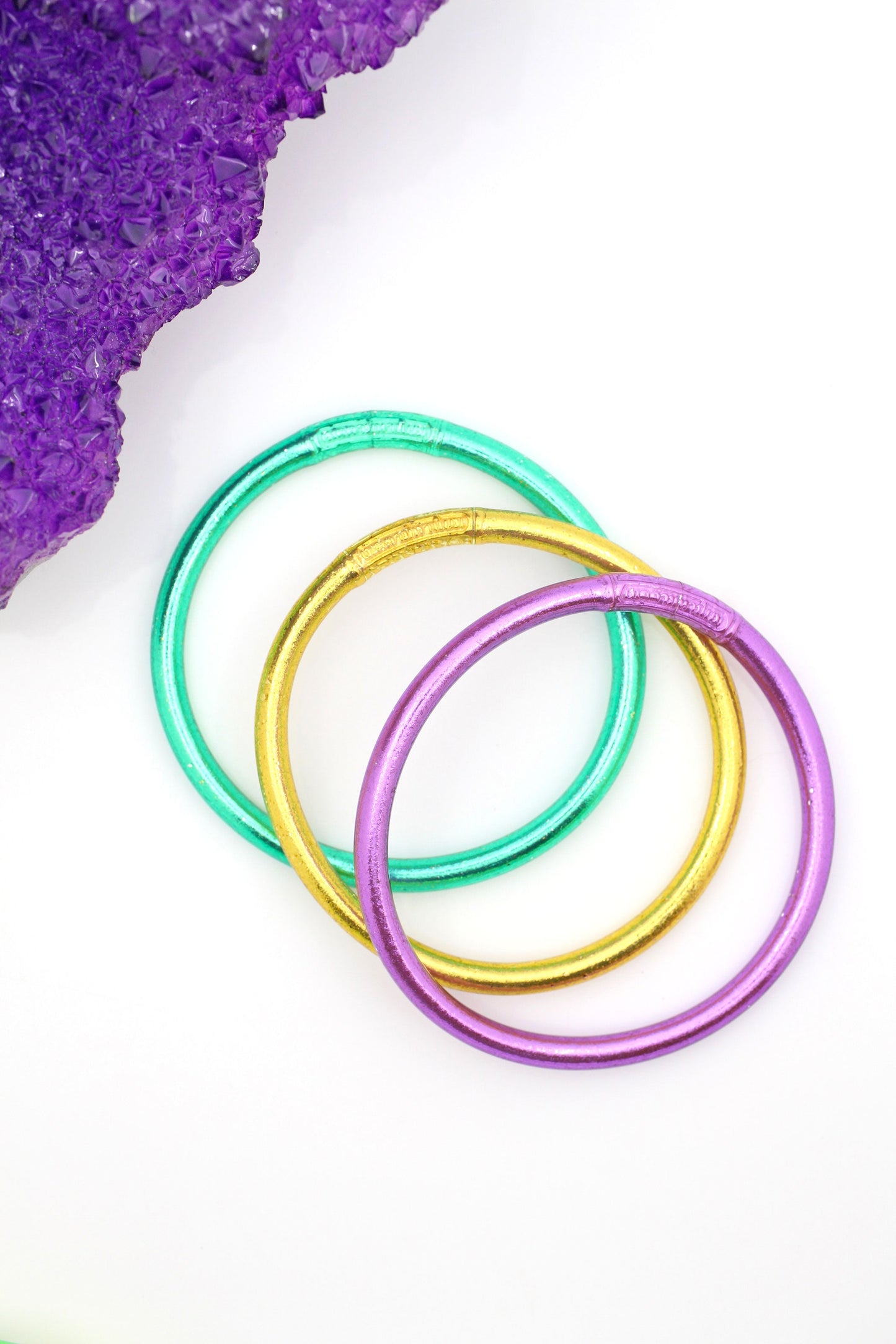 Mardi Gras Thai Buddhist Temple Mantra Bracelets, Thick, Purple, Green Gold Bangles