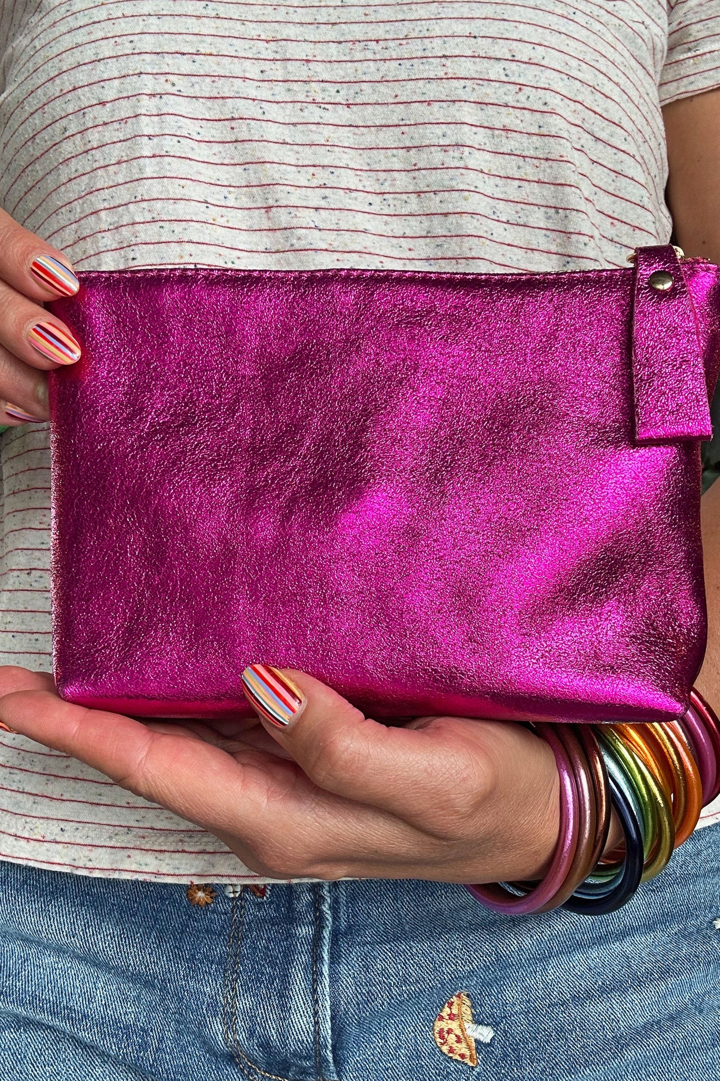 Metallic Italian Leather Zipper Pouch, Purse, 8" Soft Real Leather, Assorted Colors