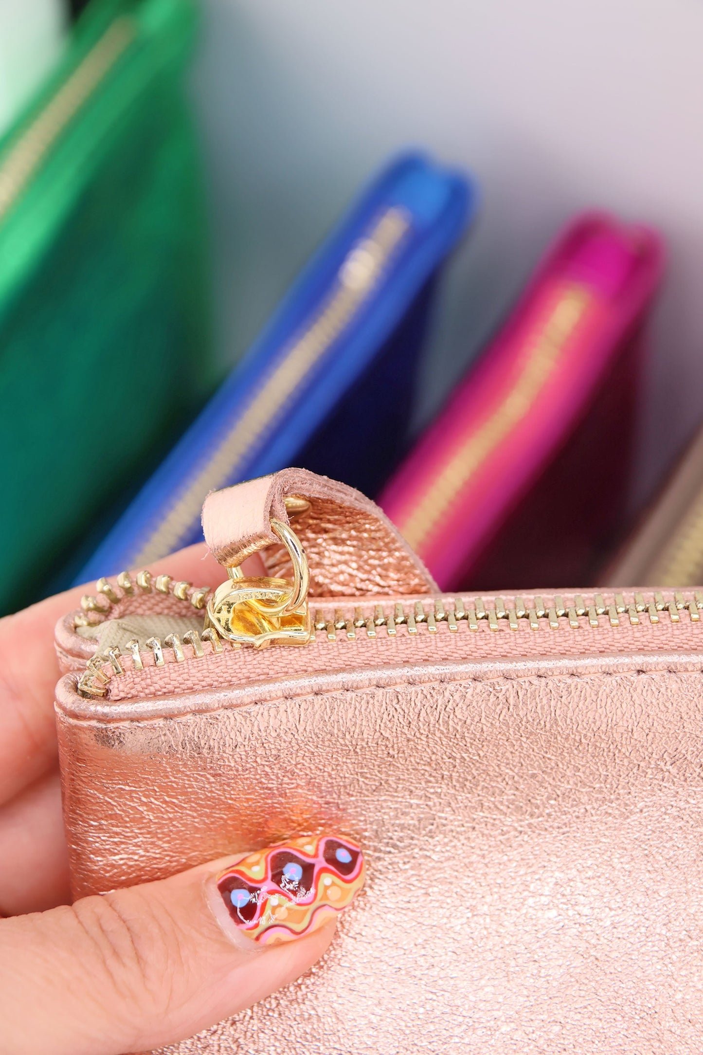 Metallic Italian Leather Zipper Pouch, Purse, 8" Soft Real Leather, Assorted Colors