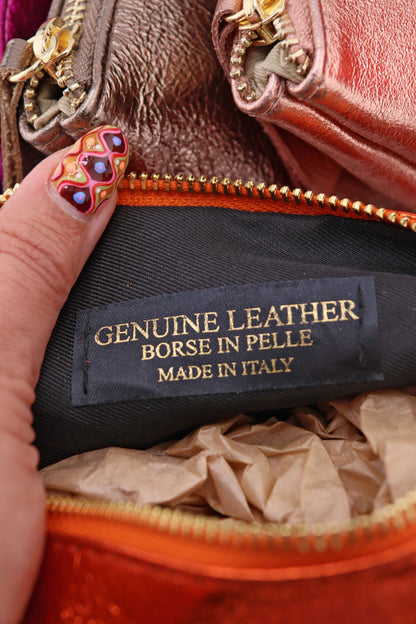 Metallic Italian Leather Zipper Pouch, Purse, 8" Soft Real Leather, Assorted Colors