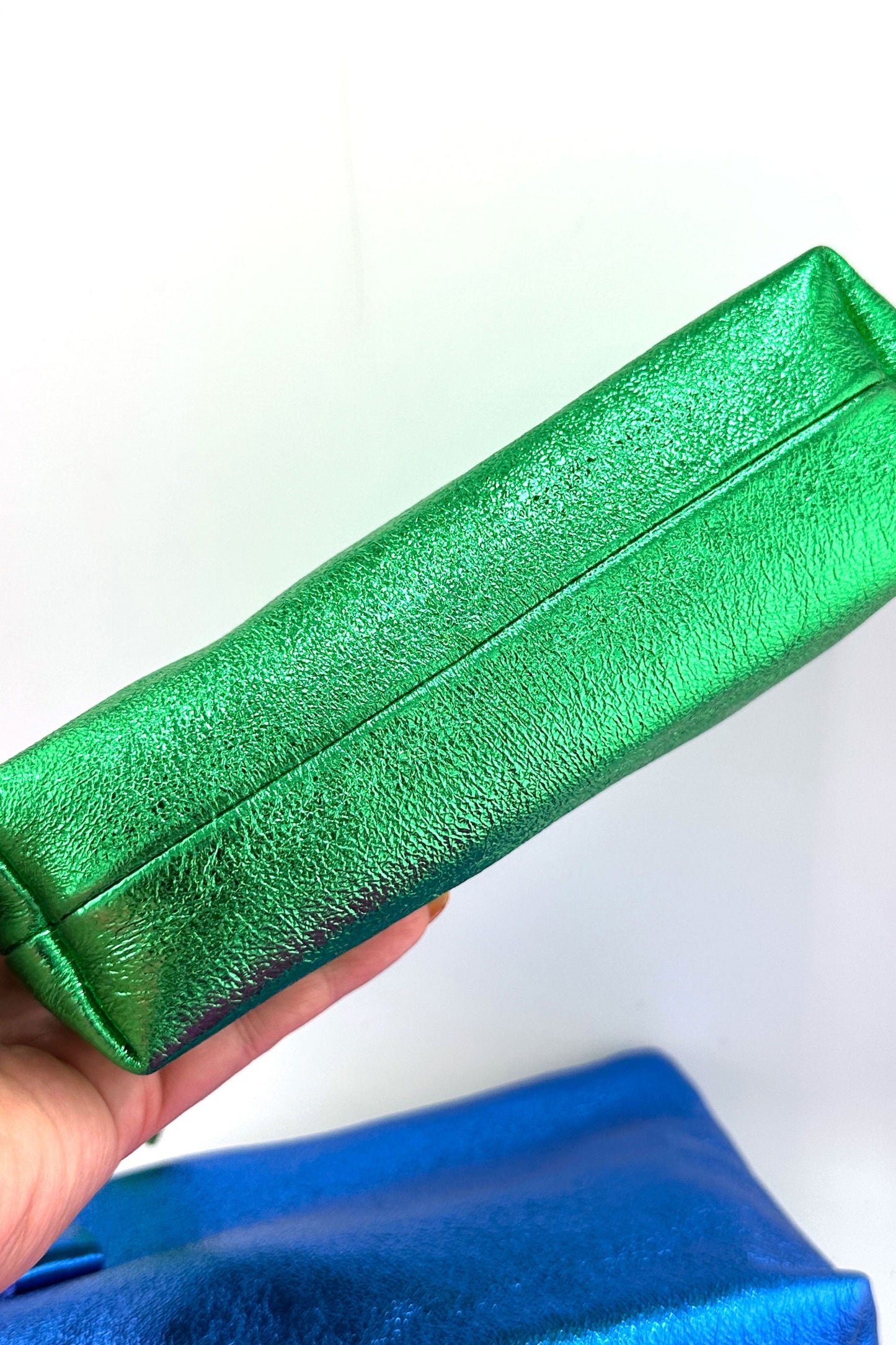 Metallic Italian Leather Zipper Pouch, Purse, 8" Soft Real Leather, Assorted Colors
