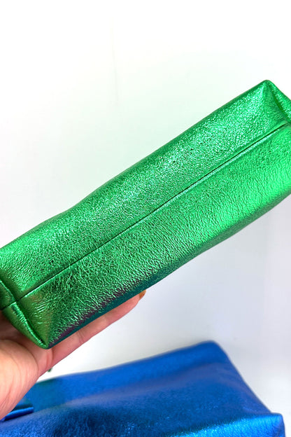 Metallic Italian Leather Zipper Pouch, Purse, 8" Soft Real Leather, Assorted Colors