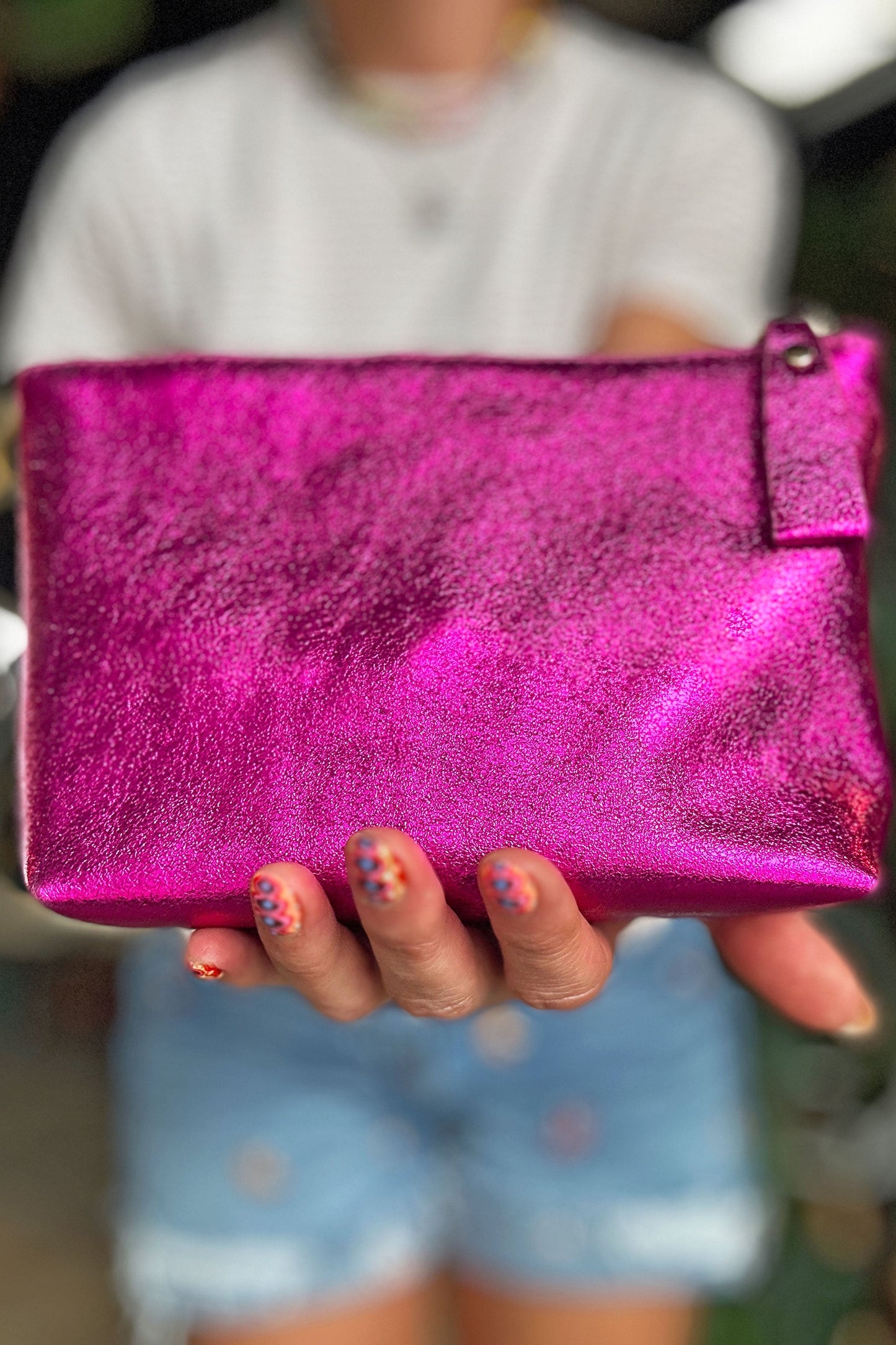 Metallic Italian Leather Zipper Pouch, Purse, 8" Soft Real Leather, Assorted Colors