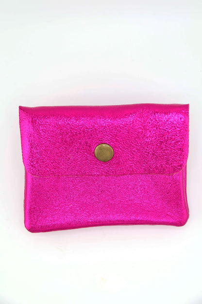 Metallic Italian Leather Coin Purse, 3 Compartments, Zipper Pocket