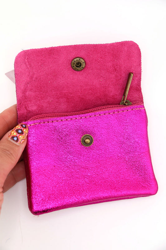 Metallic Italian Leather Coin Purse, 3 Compartments, Zipper Pocket