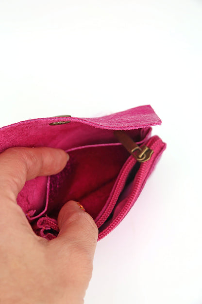 Metallic Italian Leather Coin Purse, 3 Compartments, Zipper Pocket