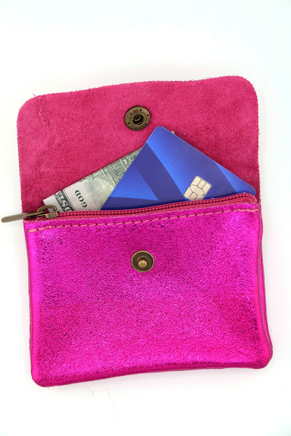 Metallic Italian Leather Coin Purse, 3 Compartments, Zipper Pocket