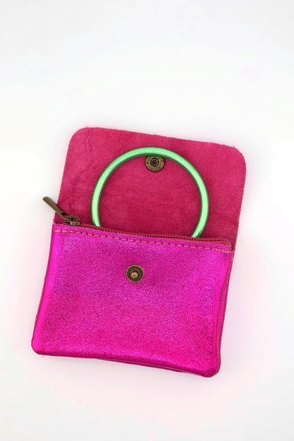 Metallic Italian Leather Coin Purse, 3 Compartments, Zipper Pocket