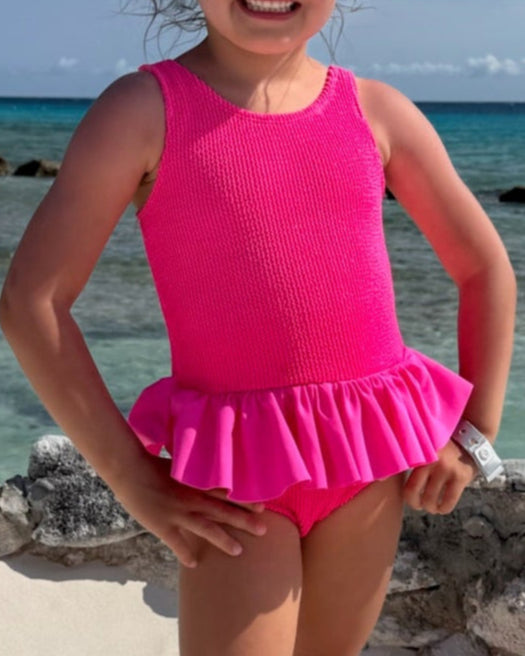 Mini Ruffle Girls Skirted Swimsuit in Hot Neon Pink