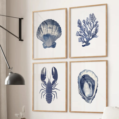 Set of 4 Piece. Lobster, Shell, Seaweed Wall Art
