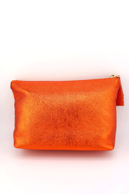 Metallic Italian Leather Zipper Pouch, Purse, 8" Soft Real Leather, Assorted Colors
