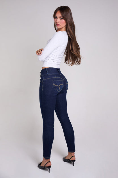 Women's Luxe Mid Rise 3-Button WannaBettaButt Skinny Jeans