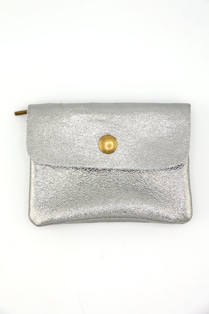 Metallic Italian Leather Coin Purse, 3 Compartments, Zipper Pocket