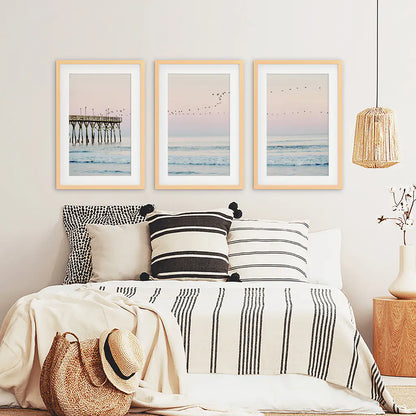 Pink Ocean Sunset Triptych. Wooden Pier, Waves, Seagulls