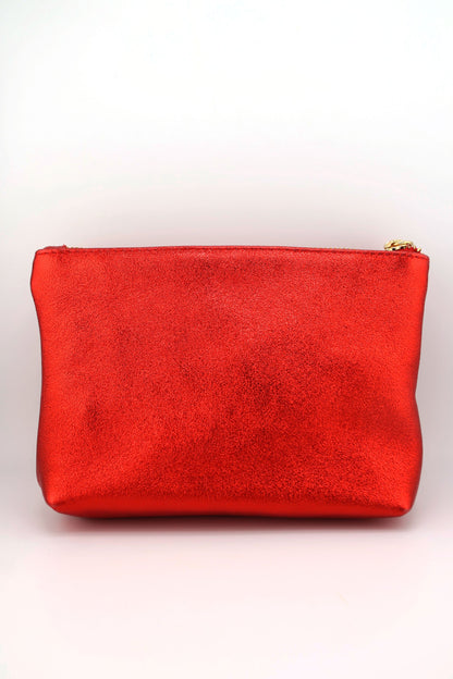 Metallic Italian Leather Zipper Pouch, Purse, 8" Soft Real Leather, Assorted Colors
