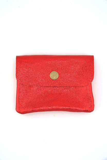 Metallic Italian Leather Coin Purse, 3 Compartments, Zipper Pocket