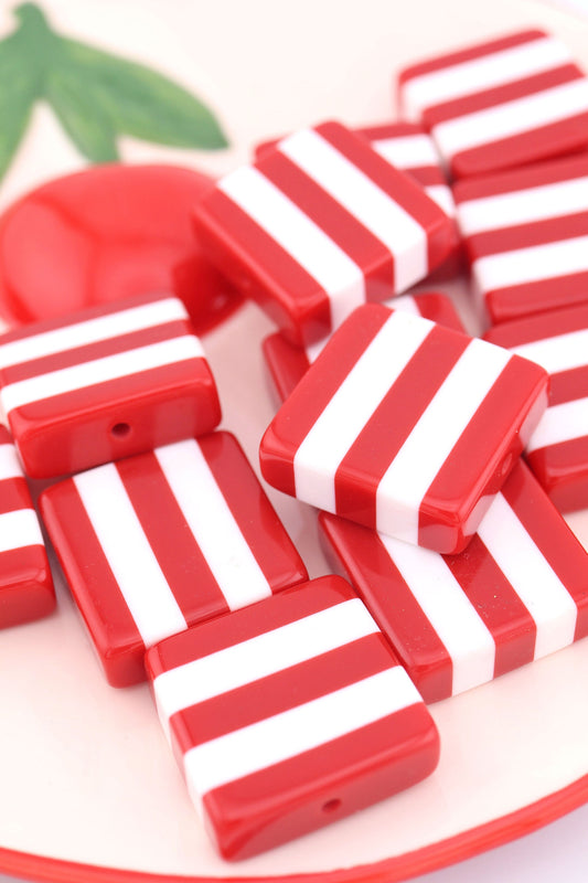 Beach Towel Stripe Red & White Italian Poly Resin Square Bead, 25mm, 1 Bead