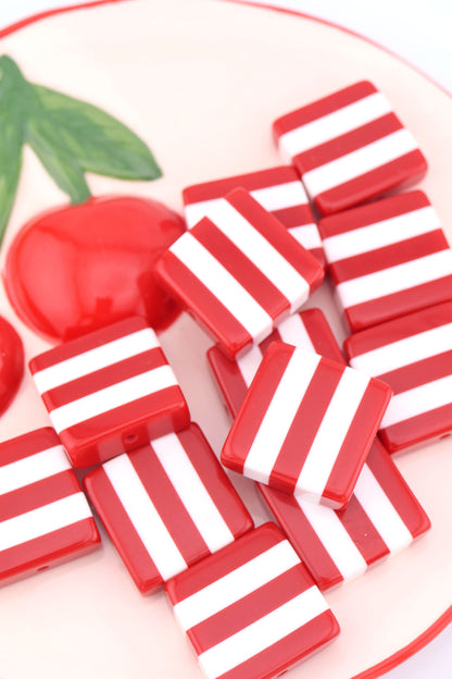 Beach Towel Stripe Red & White Italian Poly Resin Square Bead, 25mm, 1 Bead