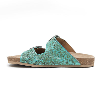 Myra Verdent Ranges Leather Sandals - Handtooled Dual Buckle Sandals with Soft Cushioning for Everyday Cool