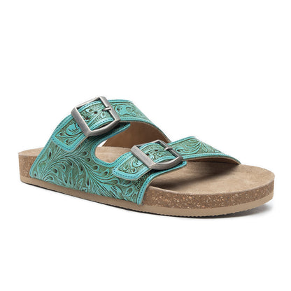 Myra Verdent Ranges Leather Sandals - Handtooled Dual Buckle Sandals with Soft Cushioning for Everyday Cool