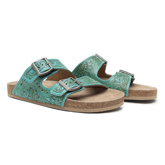 Myra Verdent Ranges Leather Sandals - Handtooled Dual Buckle Sandals with Soft Cushioning for Everyday Cool