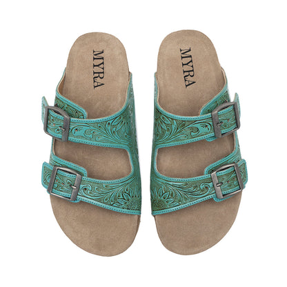Myra Verdent Ranges Leather Sandals - Handtooled Dual Buckle Sandals with Soft Cushioning for Everyday Cool