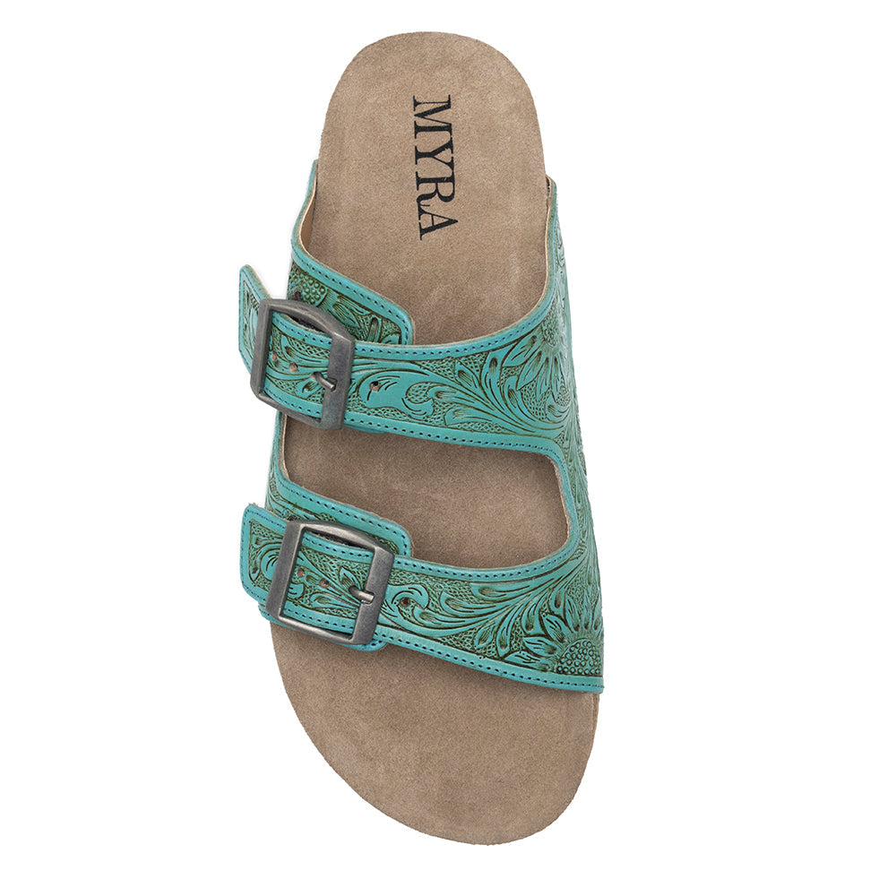 Myra Verdent Ranges Leather Sandals - Handtooled Dual Buckle Sandals with Soft Cushioning for Everyday Cool