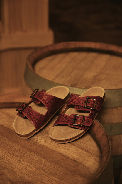 Myra Falling Feather Red Tooled Leather Sandals for Women - Dual Strap Casual Slides with Cushioned Sole for All-Day Comfort