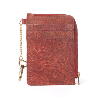 Myra Summer Grove Embossed Leather Credit Card Holder in Burnt Crimson