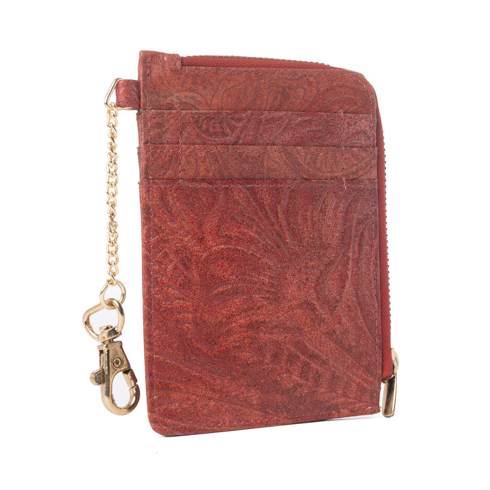 Myra Summer Grove Embossed Leather Credit Card Holder in Burnt Crimson