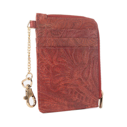 Myra Summer Grove Embossed Leather Credit Card Holder in Burnt Crimson