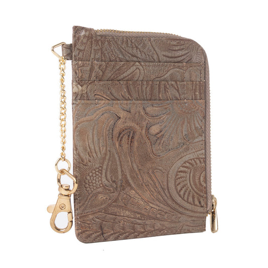 Myra Summer Grove Embossed Leather Credit Card Holder in Desert Taupe