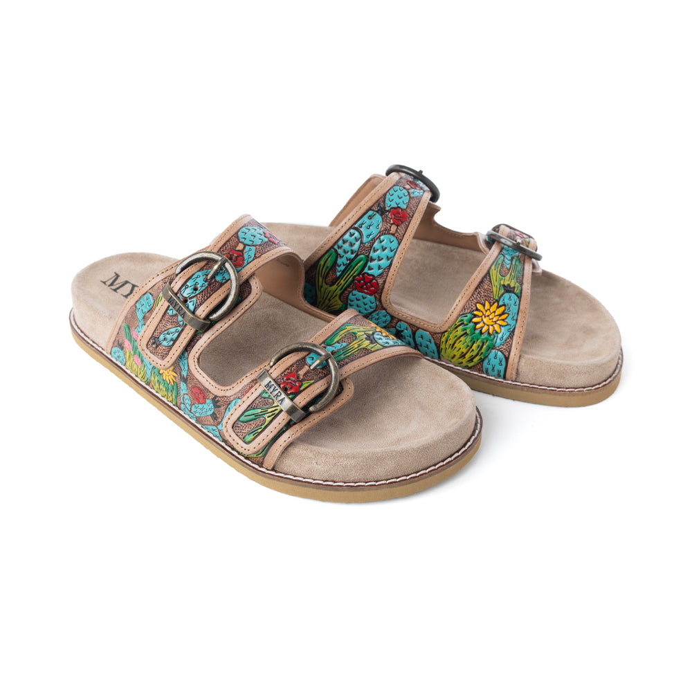 Myra Rio Verde Handtooled Leather Sandals in Agave Blue