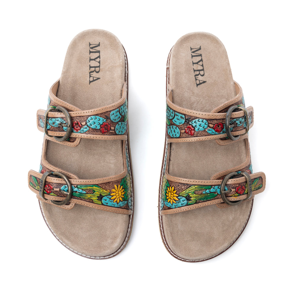 Myra Rio Verde Handtooled Leather Sandals in Agave Blue