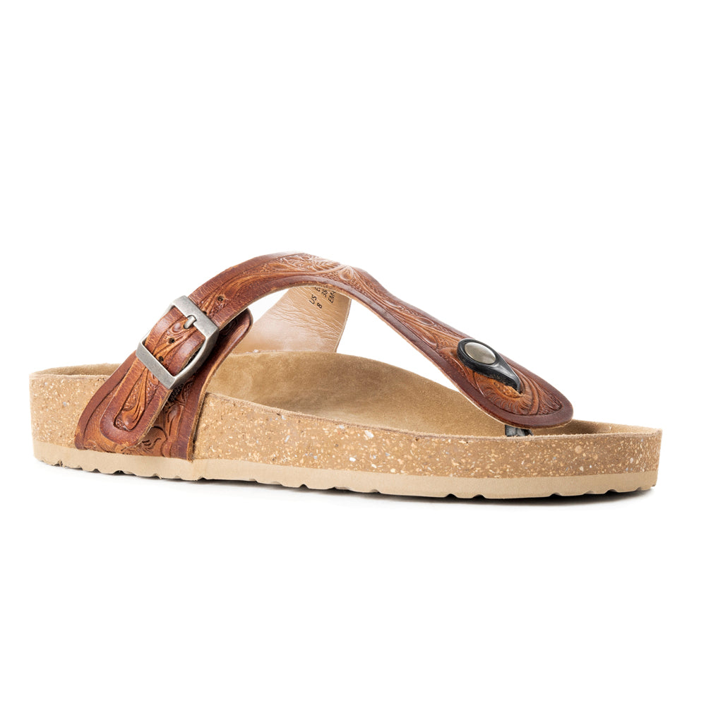 Myra Crockler Handtooled Leather Sandals for Women â€“ Adjustable Western Straps with Comfortable Cork Sole and Engraved Floral Pattern
