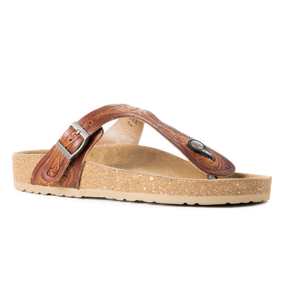 Myra Crockler Handtooled Leather Sandals for Women â€“ Adjustable Western Straps with Comfortable Cork Sole and Engraved Floral Pattern