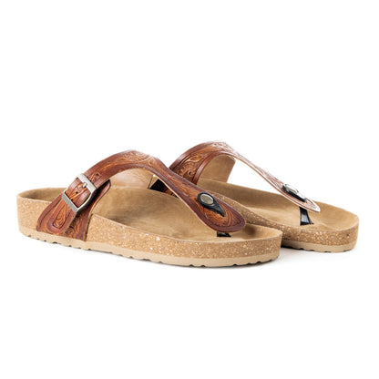 Myra Crockler Handtooled Leather Sandals for Women â€“ Adjustable Western Straps with Comfortable Cork Sole and Engraved Floral Pattern