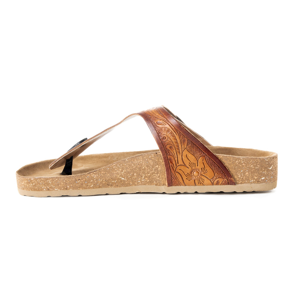 Myra Crockler Handtooled Leather Sandals for Women â€“ Adjustable Western Straps with Comfortable Cork Sole and Engraved Floral Pattern