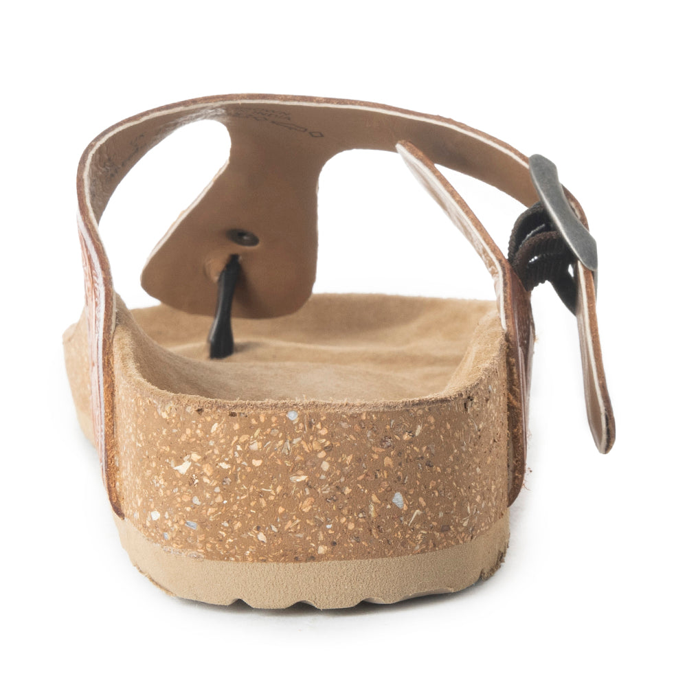 Myra Crockler Handtooled Leather Sandals for Women â€“ Adjustable Western Straps with Comfortable Cork Sole and Engraved Floral Pattern