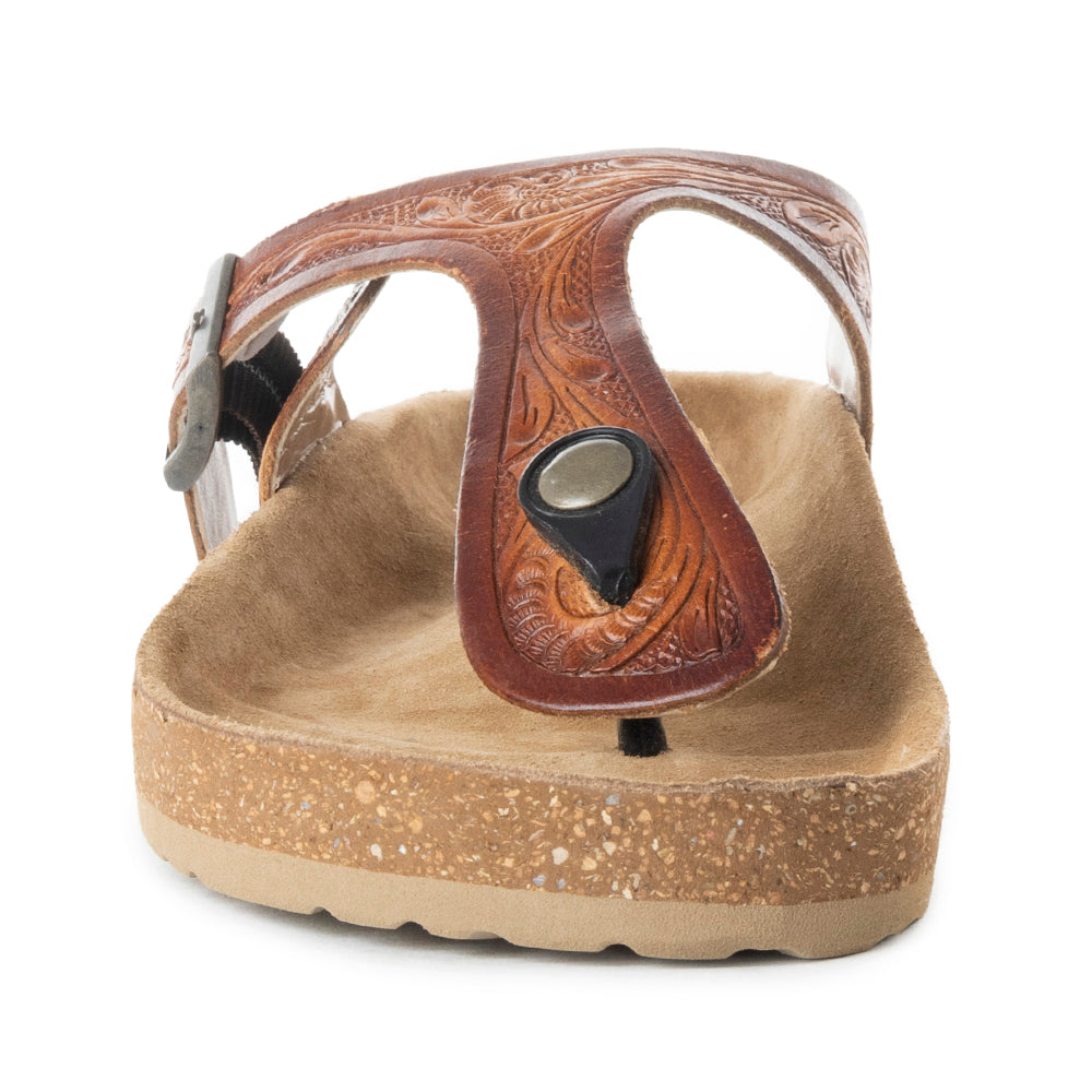 Myra Crockler Handtooled Leather Sandals for Women â€“ Adjustable Western Straps with Comfortable Cork Sole and Engraved Floral Pattern