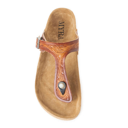 Myra Crockler Handtooled Leather Sandals for Women â€“ Adjustable Western Straps with Comfortable Cork Sole and Engraved Floral Pattern