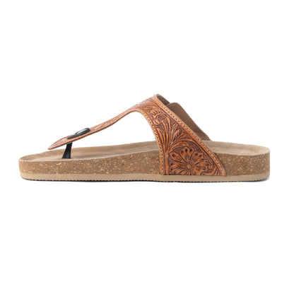 Myra Rosie Trail Handtooled Leather Sandals for Women – Cork Sole, Toe Ring Design for All-Day Comfort