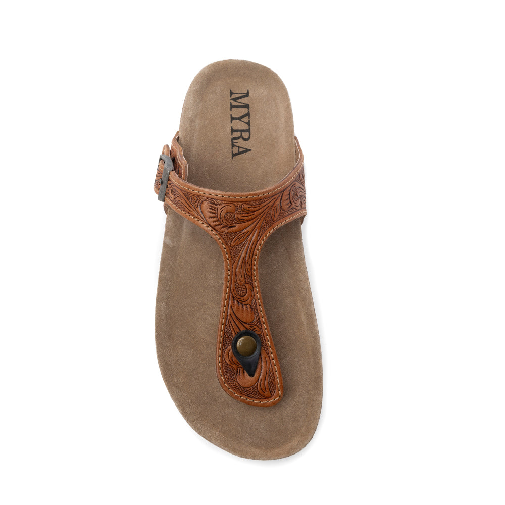 Myra Rosie Trail Handtooled Leather Sandals for Women – Cork Sole, Toe Ring Design for All-Day Comfort
