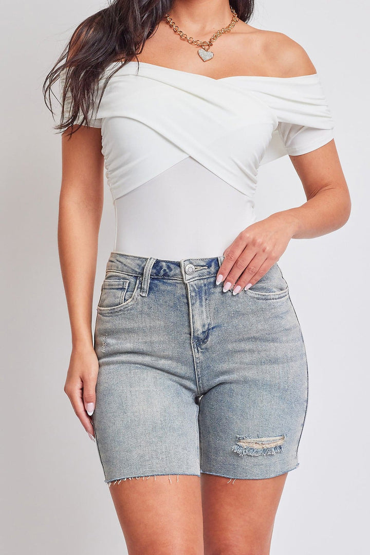Women's Luxe High Rise Long Short Denim-Distressed