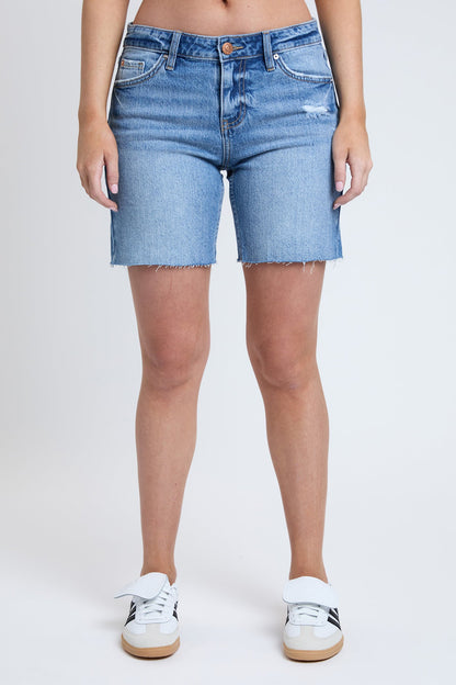 Women's Luxe Mid Rise Long Short with Raw Hem