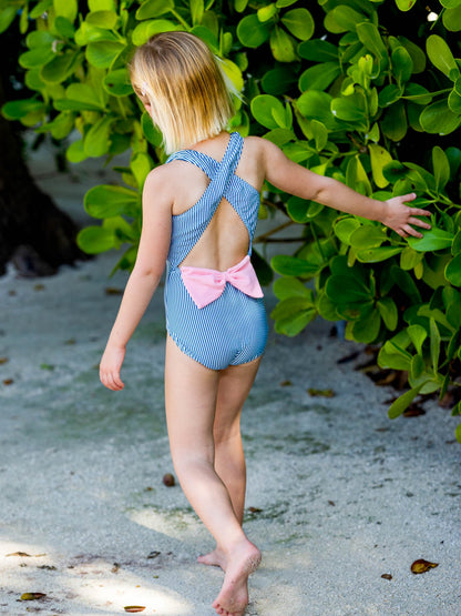 Coastal Seersucker Girls Criss Cross Open Back Swimsuit