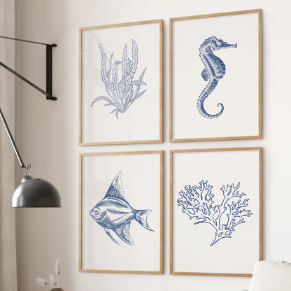 Seaweed, Seahorse, Fish, Coral Art. Set of 4 Coastal Prints